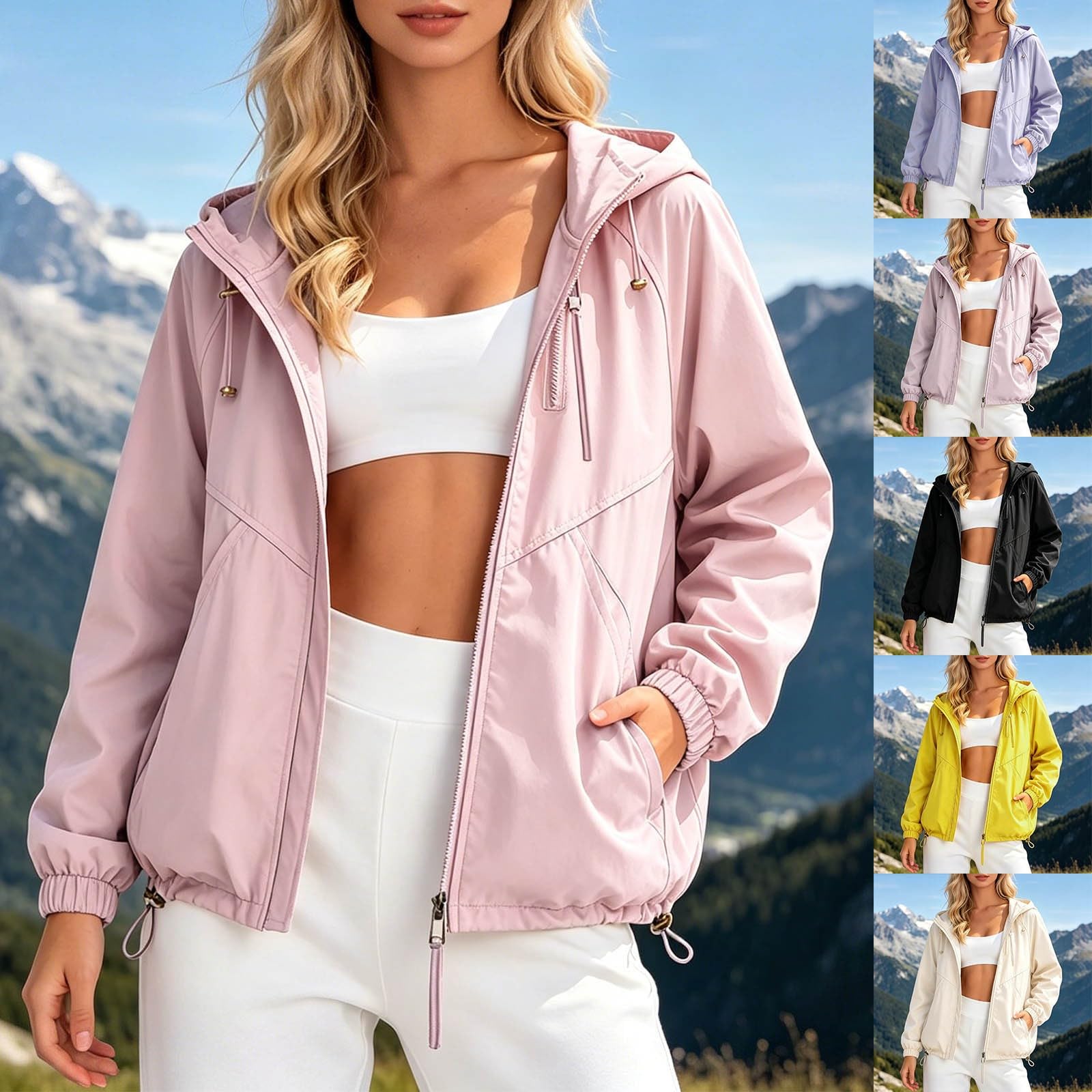 Parka Imperméable Femme Fermeture Zip Blouson Coupe Vent De Pluie Avec Capuche et Poches Légère Séchage Rapide Veste Multifonction pour Randonnée Promenade et Temps Pluvieux de la Saison Estivale