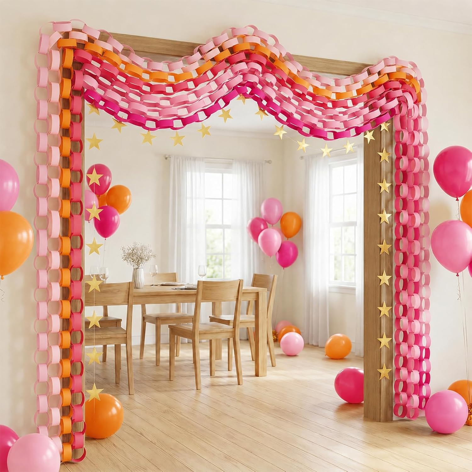 309pcs Sunset Party Decorations Hot Pink Orange Ceiling Chain Strip and Star Garland Set Sunset DIY Craft Paper Chain with Crepe Paper Streamers Birthday Party Decor for Fall Wedding Graduation Decor