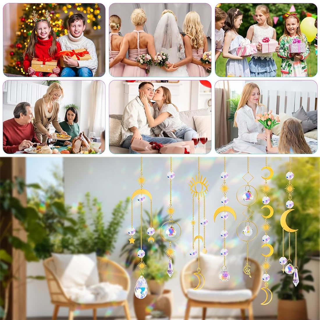 Aililong Set di 6 acchiappasole in cristallo, effetto arcobaleno, per finestre, giardino, matrimoni e feste, ornamenti da appendere come scacciapensi a vento