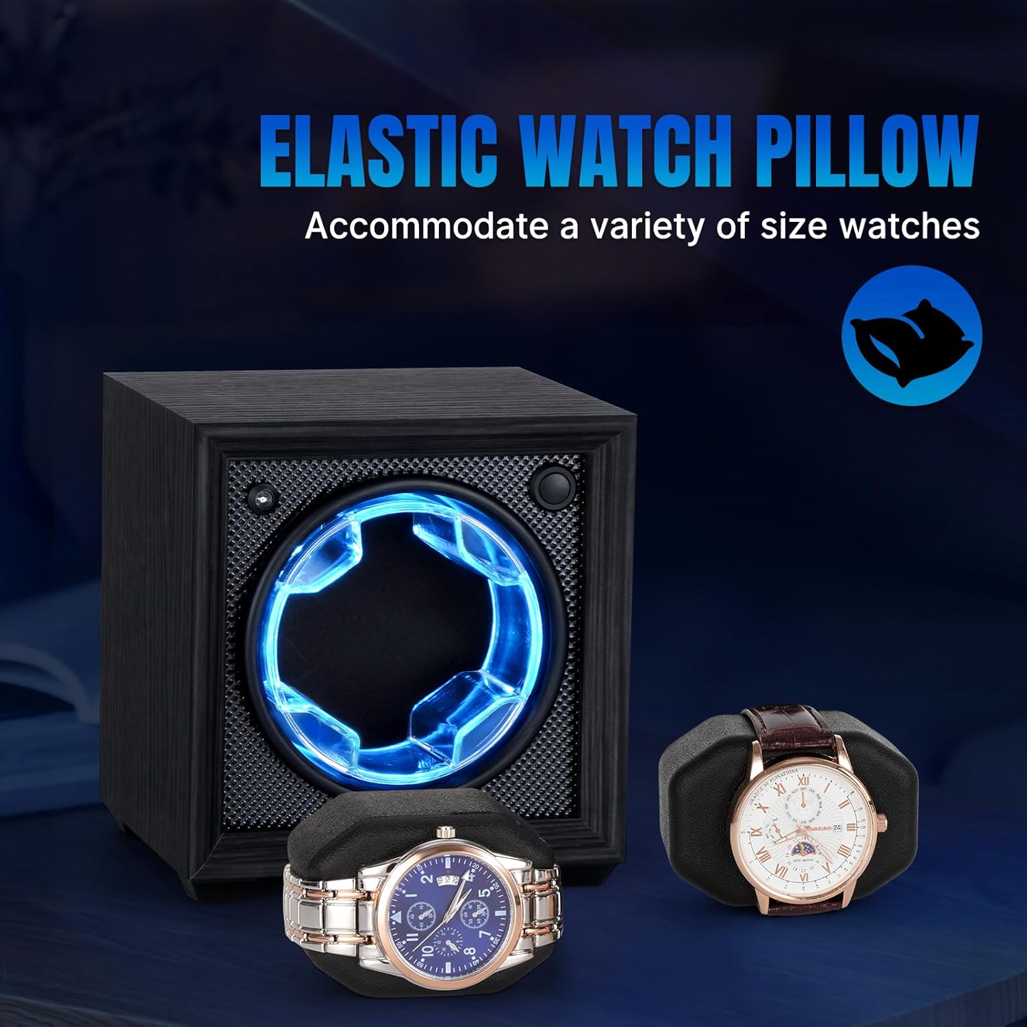 Rear view of the Isili Single Watch Winder showing the control panel with power input, gear switch, light sensitive/standard mode switch, and a diagram of rotation modes.