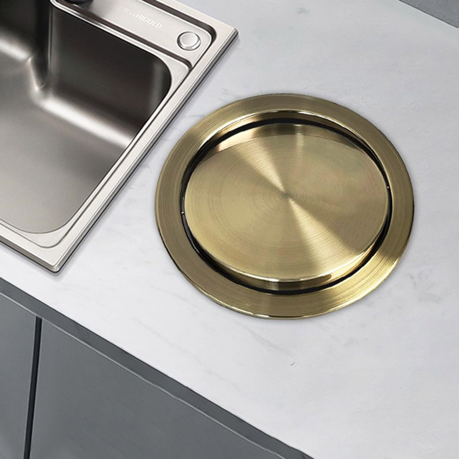 Trash rotondo in acciaio inossidabile per controsoffitto, contenitore di scarto incorporato nascosto con coperchio oscillante, smaltimento della spazzatura della cucina del supporto a filo, design sal