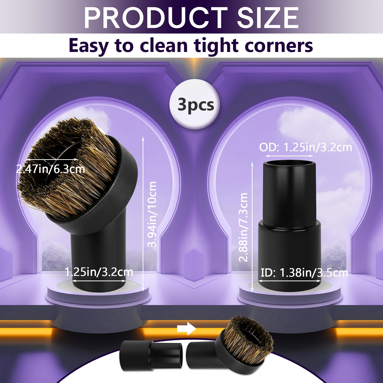 Horse Hair Brush Vacuum Attachments - 3 Pack -3 Horse Hair Brush Vacuum Attachments - 3 Pack -3