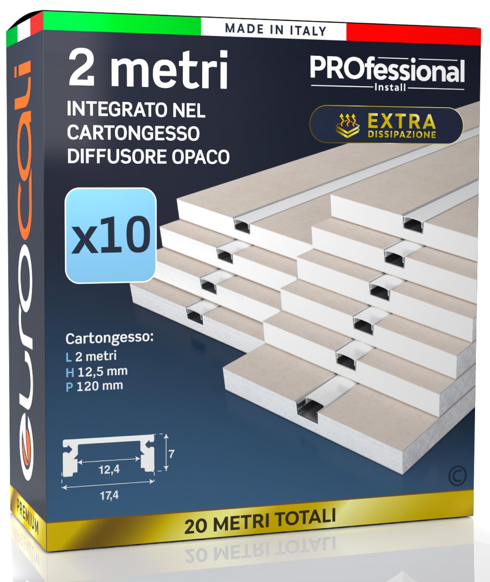 Profilo Alluminio per Strisce LED Integrato nel Cartongesso - spessore 12,5mm - Gomma di Protezione per Stuccatura Inclusa per una installazione Facile e precisa - Pacco da 10 lastre da 2mt x 12cm