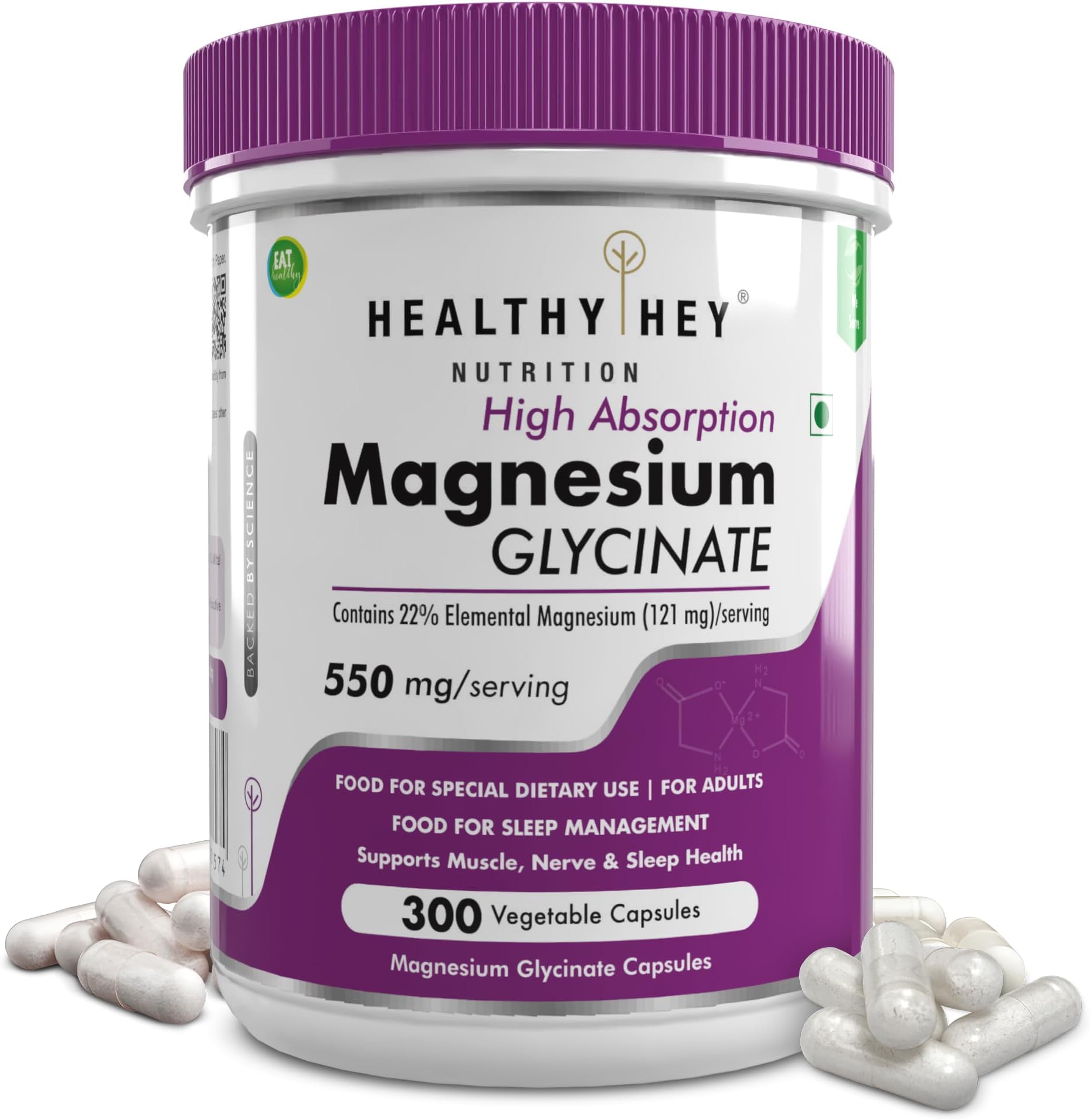 Magnesium Glycinate High Absorption for Sleep, Cramps, & Nerves Health -300 Vegetable Capsules