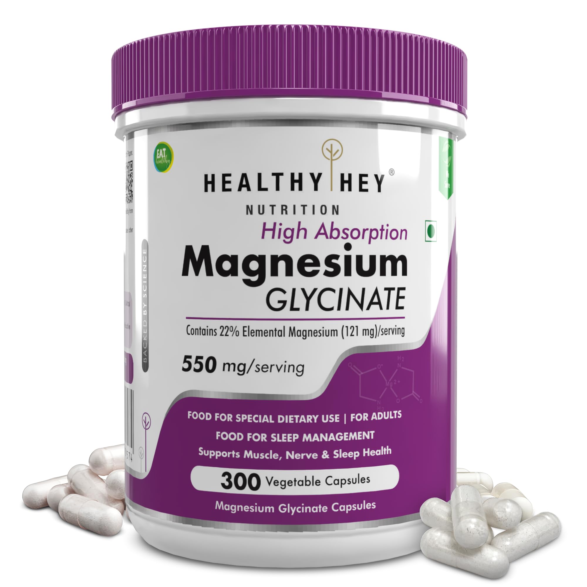 HealthyHey Nutrition Magnesium Glycinate High Absorption for Sleep, Cramps, & Nerves Health -300 Vegetable Capsules