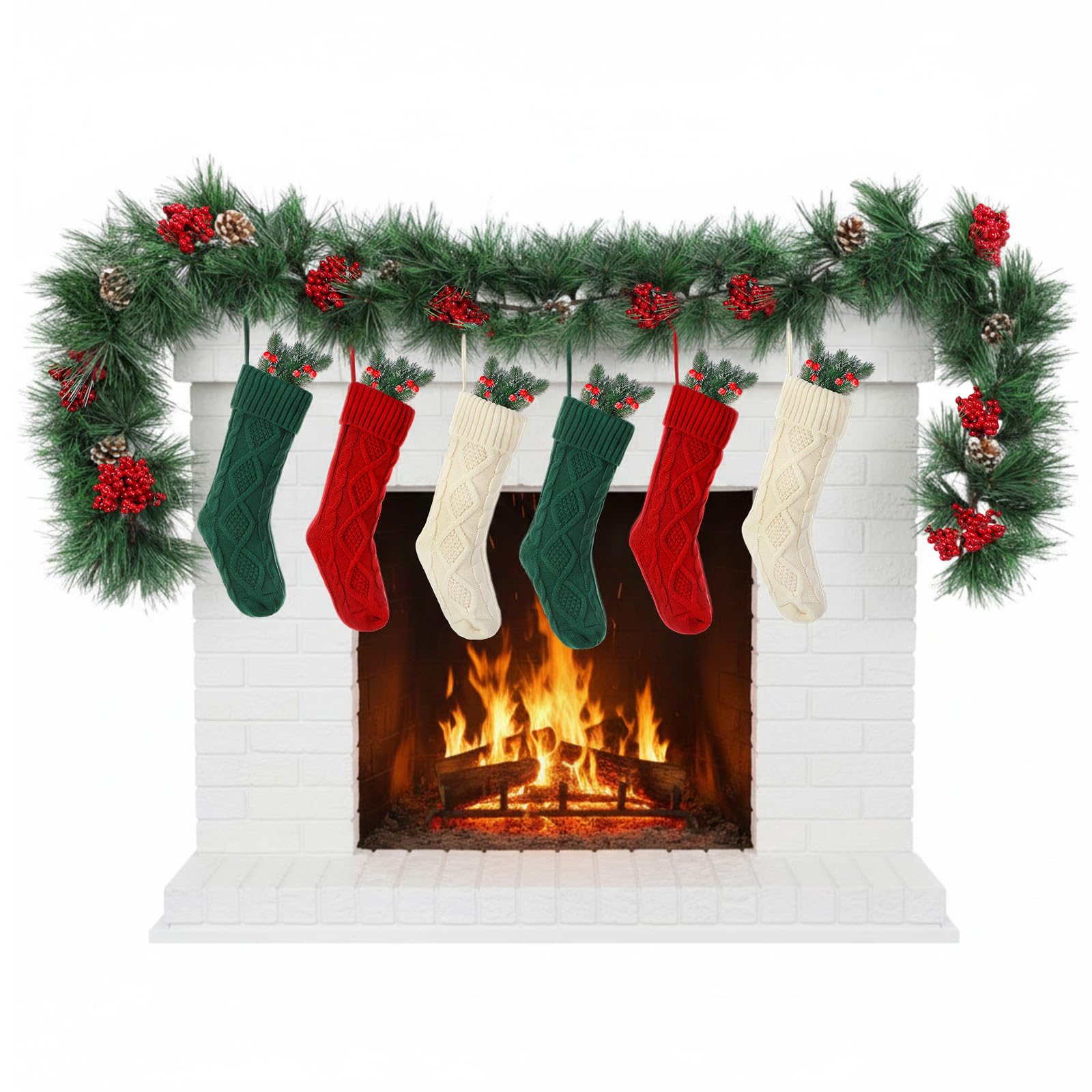 Shappy 6 Stück gestrickte Weihnachtsstrümpfe mit 1,8 m künstlicher Weihnachtsgirlande mit roten Beeren Tannenzapfen Weihnachtsdekoration für Familie Urlaub Xmas Party Kamin Kaminsims Stairecase Indoor