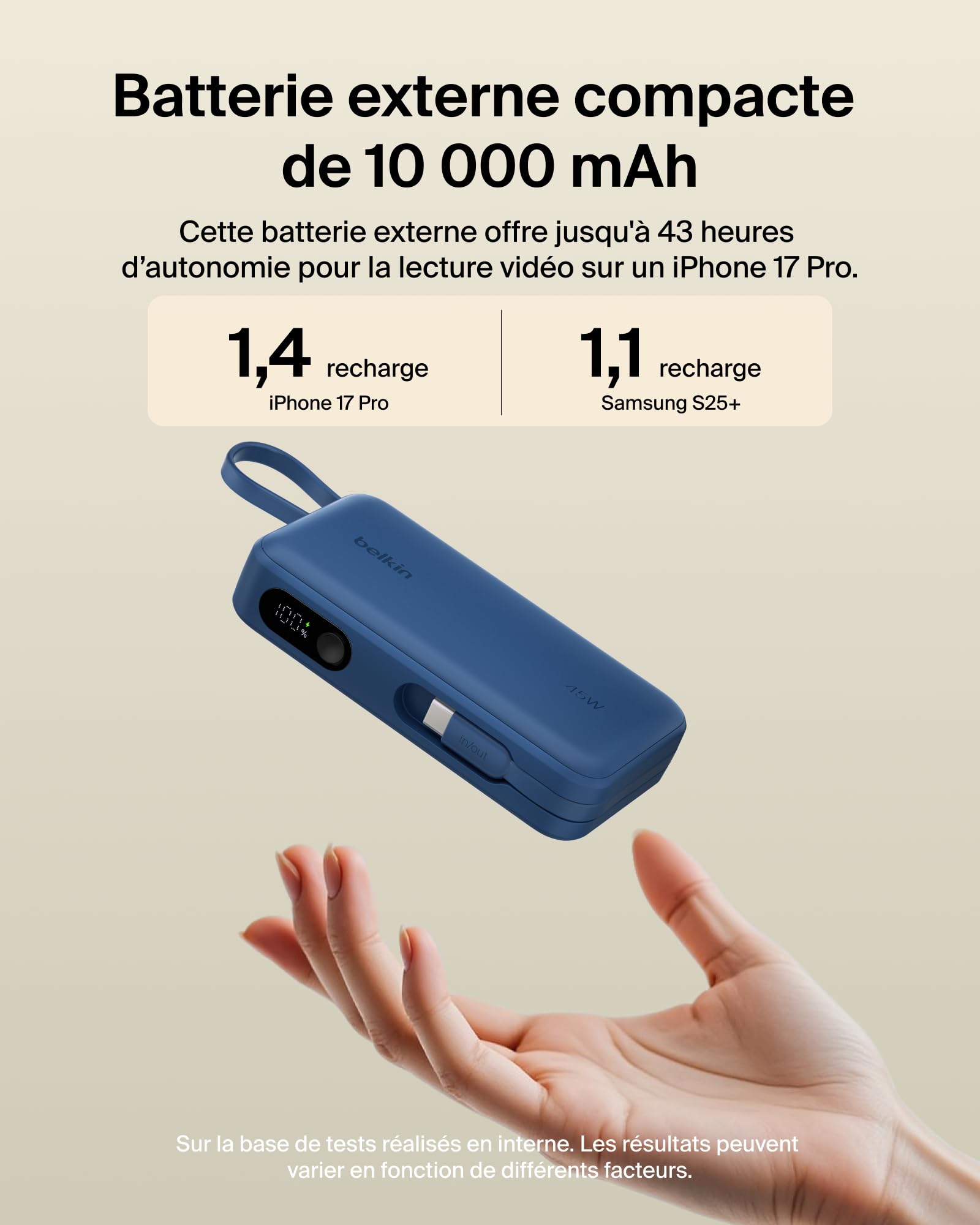 Belkin UltraCharge Batterie Externe 10K avec Câble USB-C Et Écran - Bleu