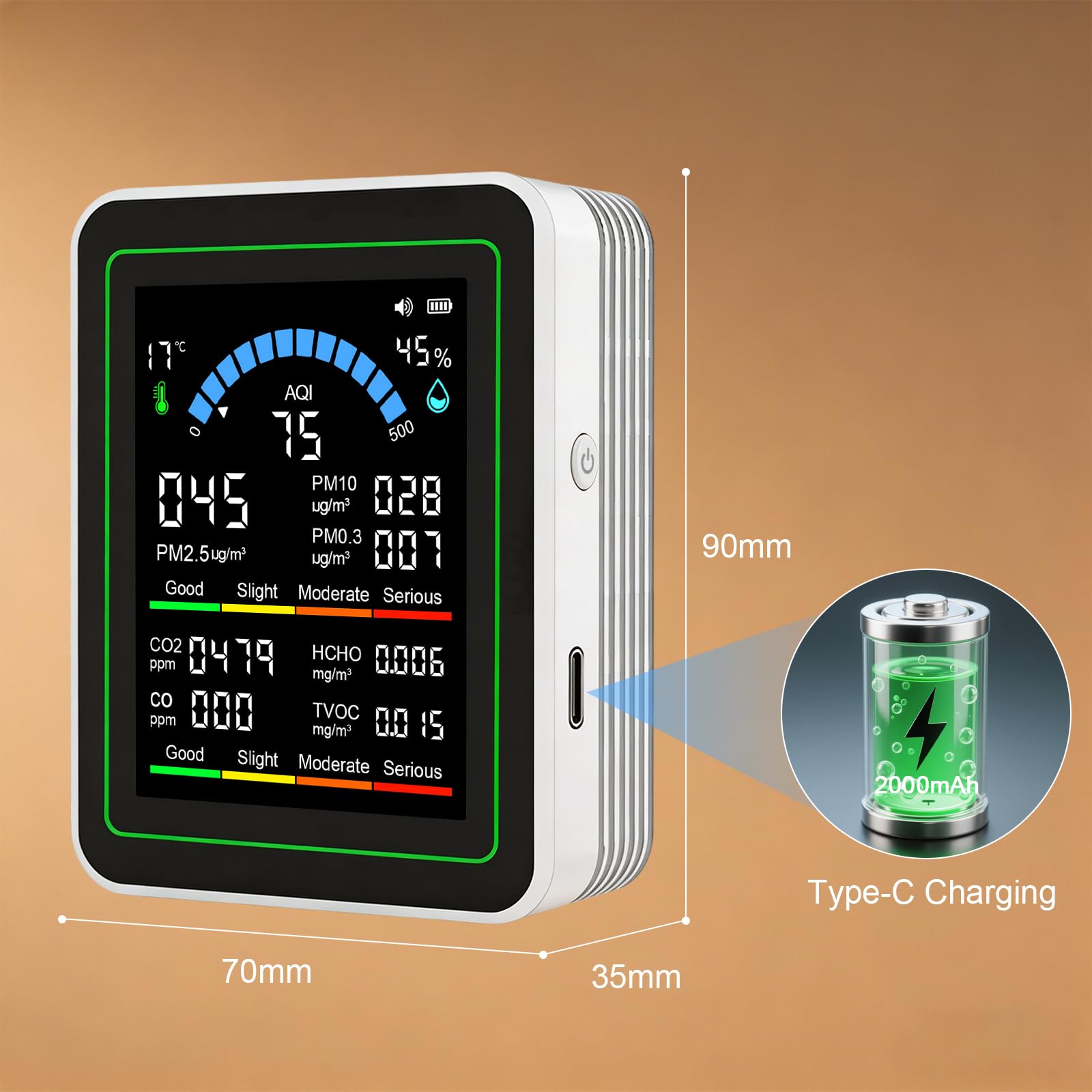OBEST Moniteur de qualité de l'air, détecteur portable avec application pour mesurer PM2.5 / PM10 / PM0.3 / CO2 / CO/HCHO/TVOC/AQI/température et humidité, usine, bureau et intérieur
