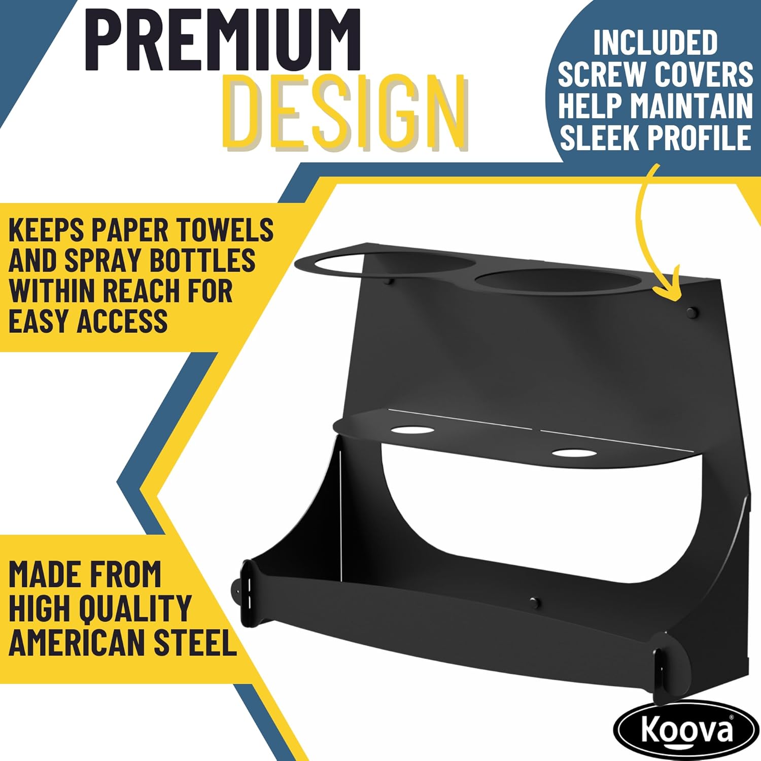 Koova Spray Bottle & Paper Towel Rack Heavy Duty- Wall Mount Storage for 2 Spray Bottles and Paper Towel Roll Utility Organizer Hardware Included - Made in USA Sturdy Metal Holder for Home and Garage