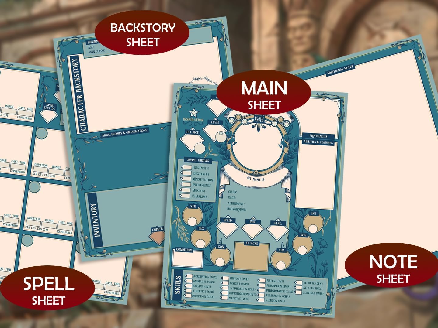 MAZERAN DND 5E Character Sheets, Plastic Wet Erasable Card Board Compatible with Dungeons Dragons 5e TTRPG Game Player, A4 Size Double Side Printing, 3 X 2 Styles for 6 Players Total 12 Pages