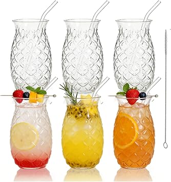 6 Pack Pineapple Drinking Glasses with Straws, 17 Oz Cocktail Cups