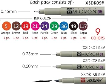 Sakura Pigma Micron pens 12 Fineliner Drawing Set (05 Assorted Color with Black Brush, 08, 01 & 05)
