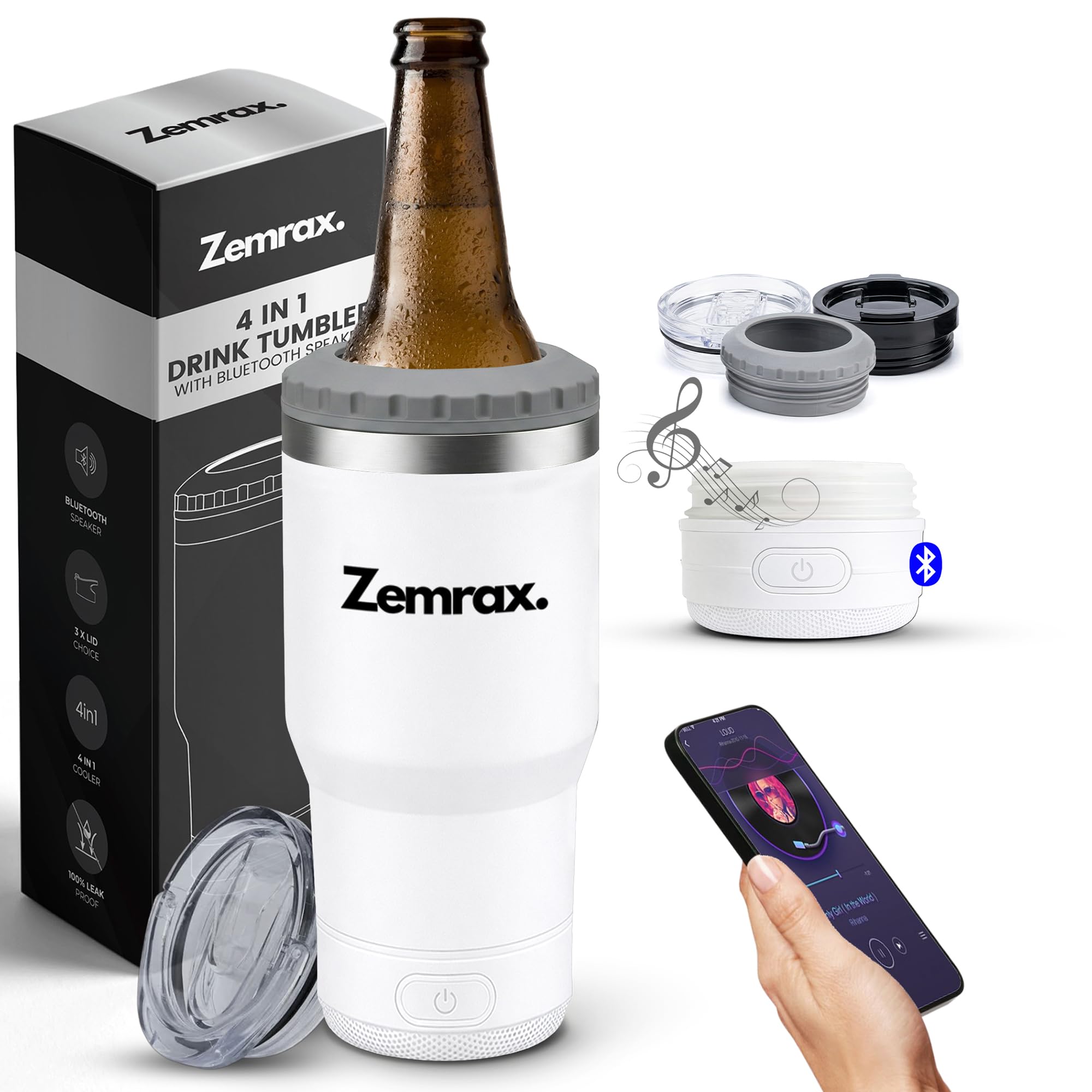 Zemrax Can Cooler - 4 in 1 Double Insulated Can & Bottle Chiller | Stainless Steel Drink Tumbler | Beverage Holder with Bluetooth Speaker | Portable Beer Cooler | Gifts for Men