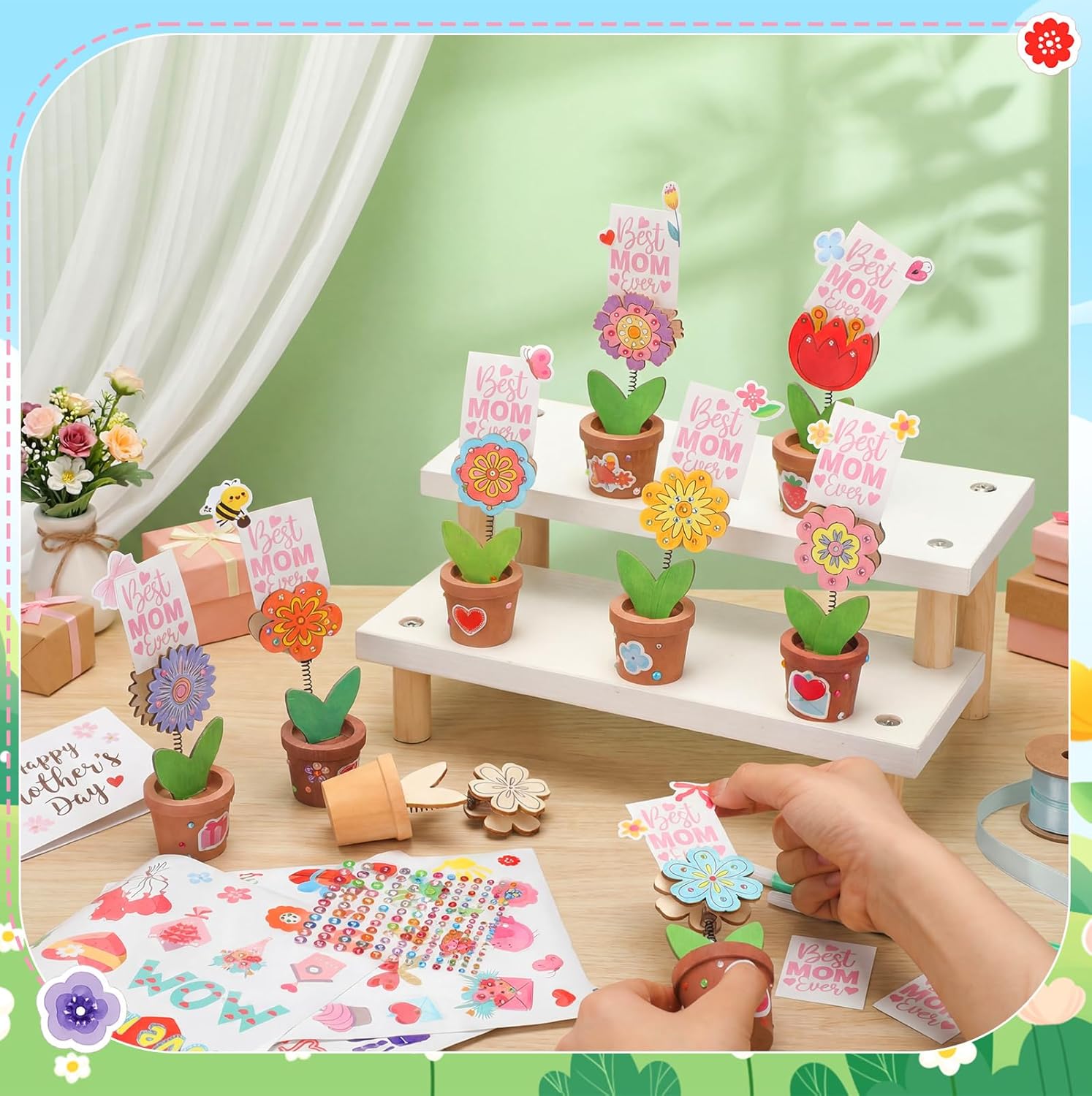 Soulchen 24 Pack Mother's Day Wood Flower Pot Craft Kits Spring Flower Craft Mothers Day Card Holder, Recipe or Picture Holder Kit DIY Unfinished Wooden Ornaments for Mom Home Decor Art Activities