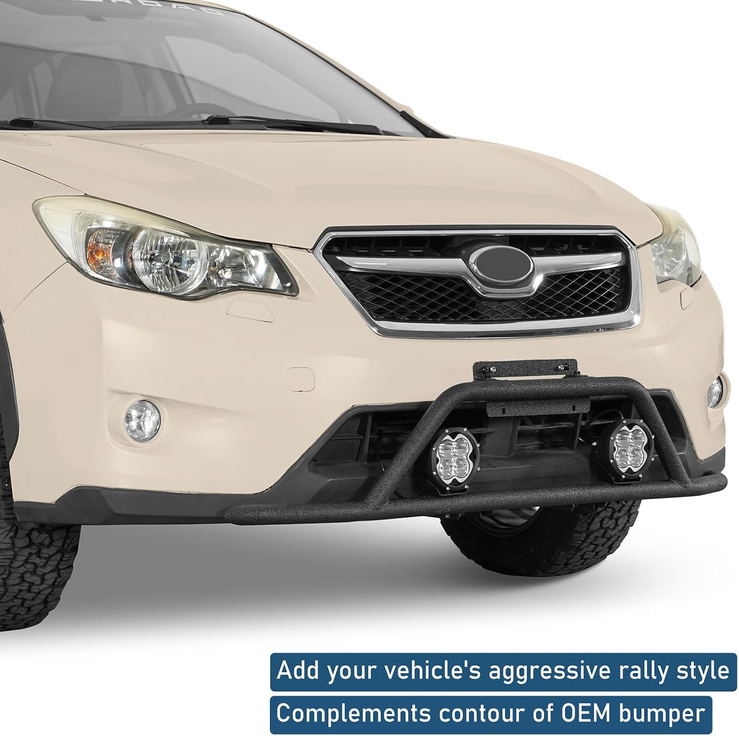 bersudut view of the Hooke Road Rally Light Bar installed on a Subaru XV Crosstrek, showing how it complements the OEM bumper contour
