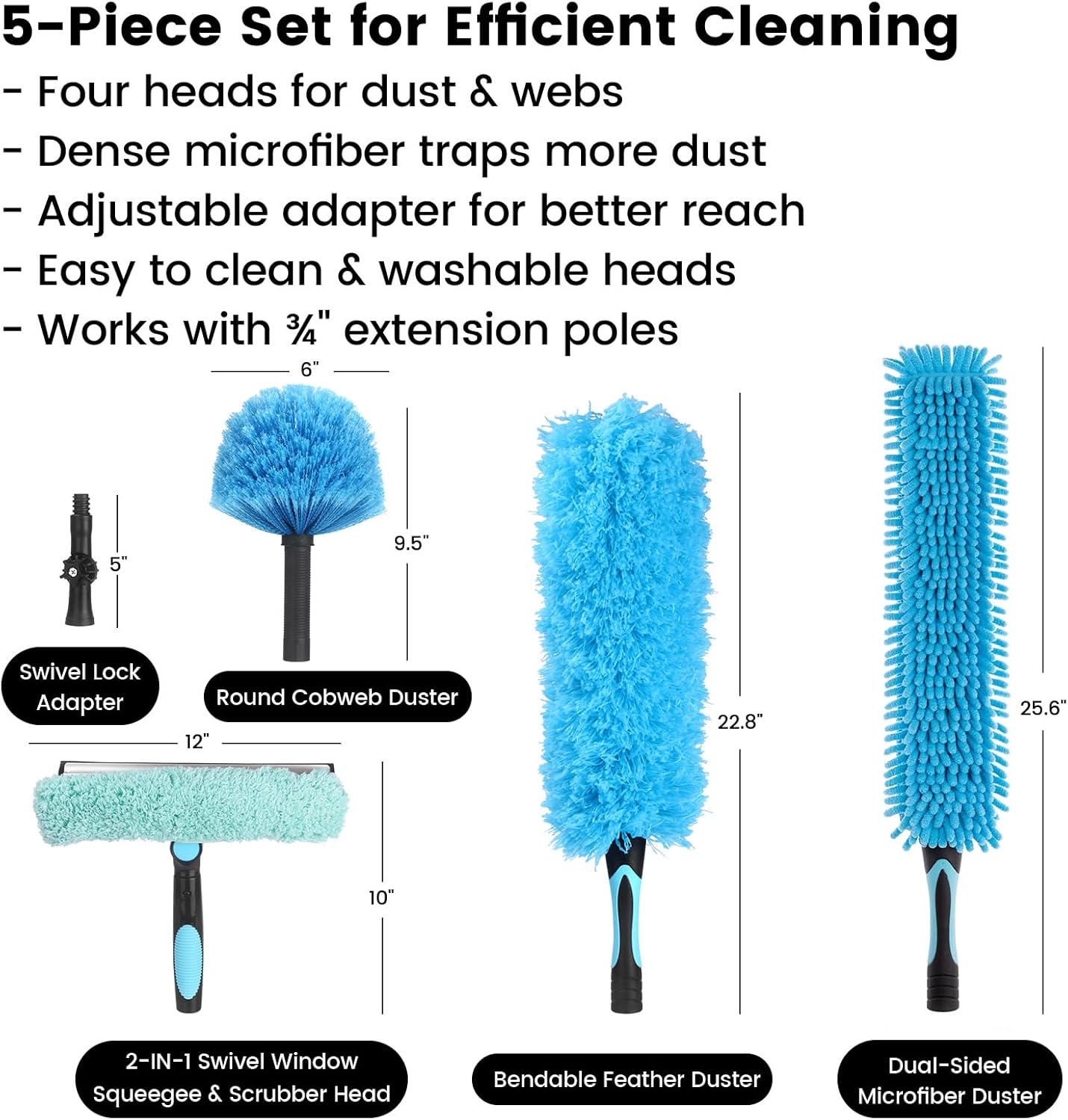 Ceiling Fan Duster Kit – 5-in-1 Bendable & Dual-Sided Heads – Washable Dusters for High Ceiling, Fans, Corners, Glass – Fits Standard ¾ Pole – Blue Cleaning Set