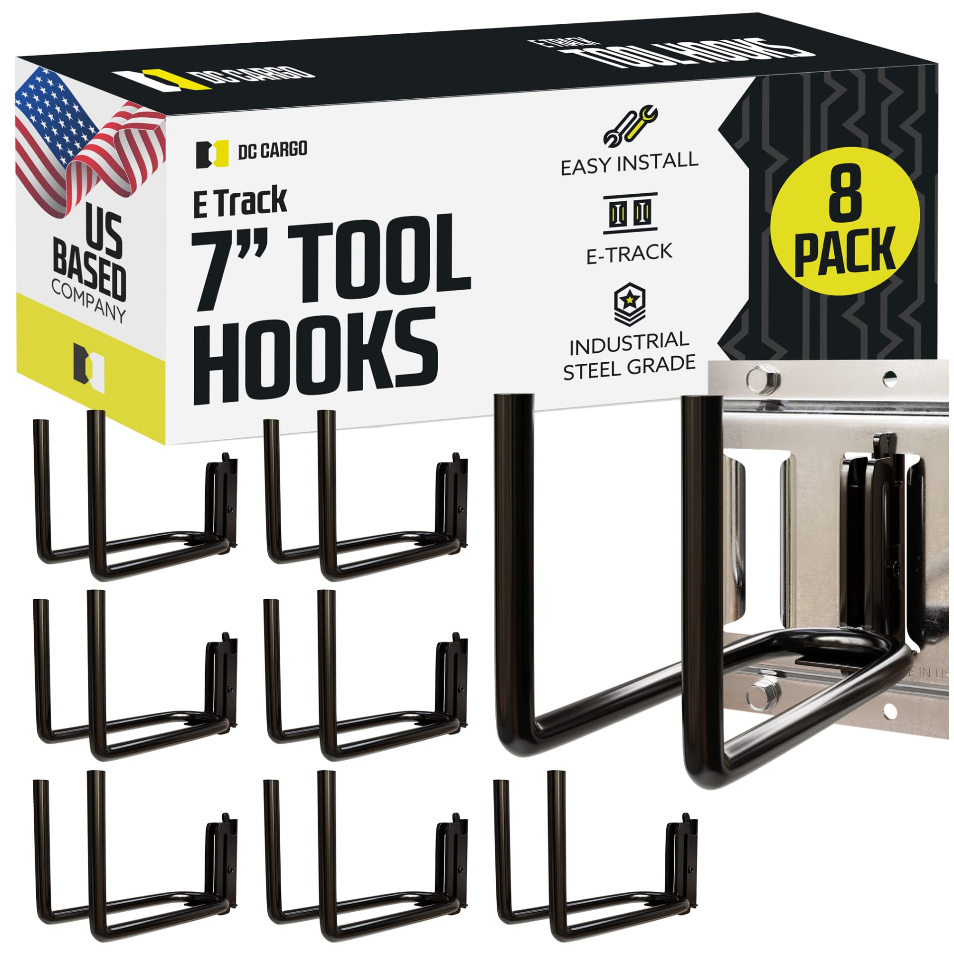 DC Cargo Mall Heavy Duty Hook Hanger E Track Accessories 7.5" Deep (8 Pack) - Garage Wall Mount, Box Truck, Enclosed Trailer, Storage ETrack System - Universal Garage Storage Organizer for Tools