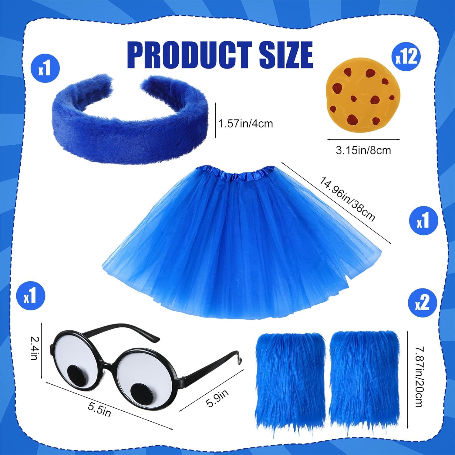 5 Pcs Halloween Cookie Costume for Adults Women Halloween Cookie Cosplay Costume with Blue Fur Headband, Blue Tutu Skirt, Stickers, Googly Eyes Glasses, Fuzzy Leg Warmers - Image 2