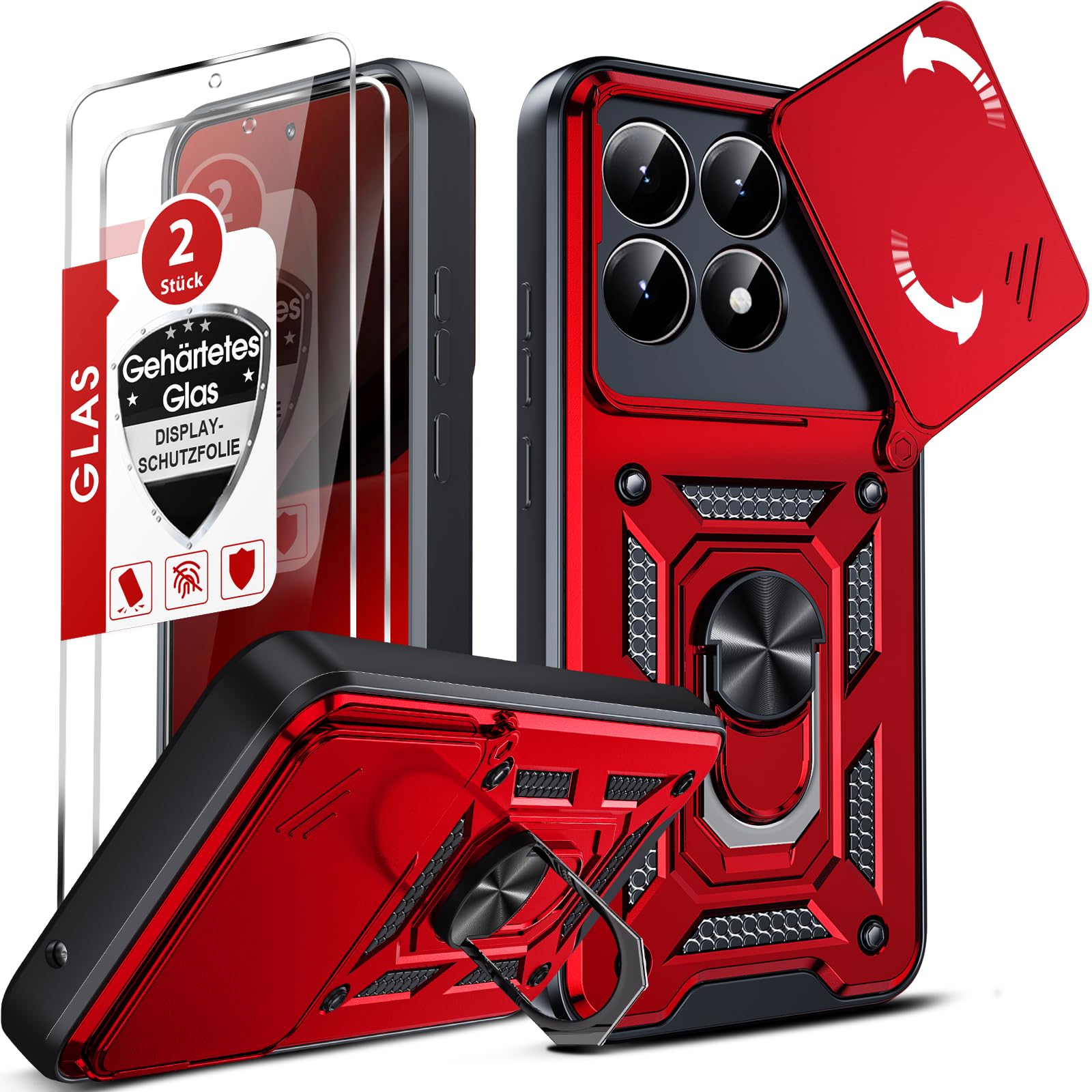 LeYi Hülle für Xiaomi 15T 5G Case [2*Displayschutzfolie] Militärschutz Metallring Schiebekamera Abdeckung Schutzhülle Drehhalter Handyhülle Stoßfest Kameraschieber Xiaomi 15 T Handy Cover Rot