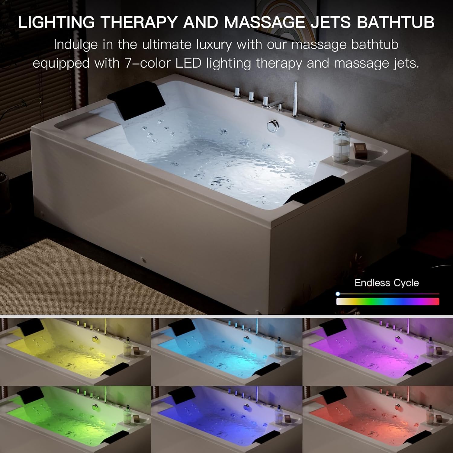 Jetted Tub - 71" x 47" Whirlpool Bathtub for 2 Person Acrylic Soaking Bubble Spa Tub with Chromotherapy LED Lighting 6 Large Water Jets & 12 Small Back Sprays, 3-Sided Apron Acrylic Bath, White