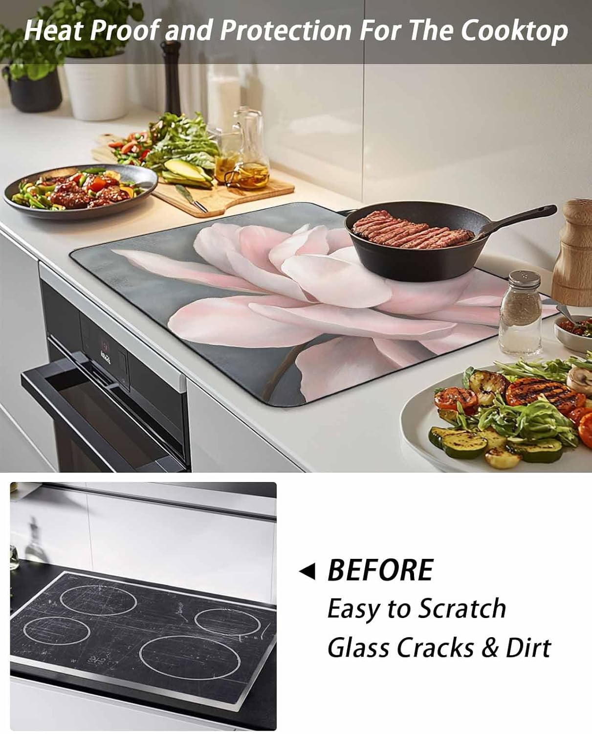 Stove Cover for Electric Stove 24x21 Inch Watercolors Pink Flowers Stove Top Cover Floral Plant Glass Cooktop Covers Anti-Slip & Heat Resistant Countertop Protector Home Kitchen Decor