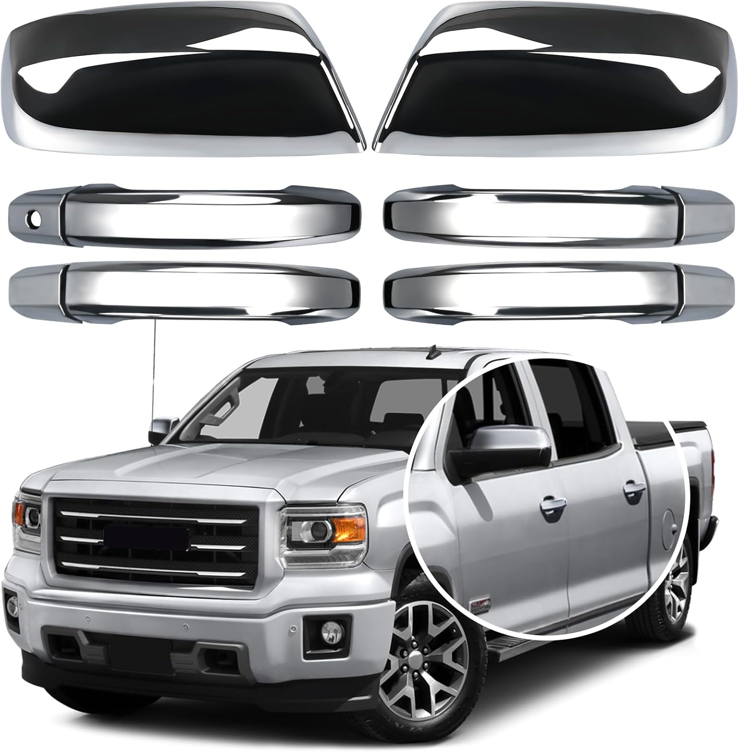 Chrome Side Top Half Mirror Covers Caps +Handle Covers Compatible with 2014-2018 Chevy Silverado GMC Sierra 1500 and 2500 HD 3500 HD 2015-2018, Not for Towing Mirror (Chrome-4 Door)