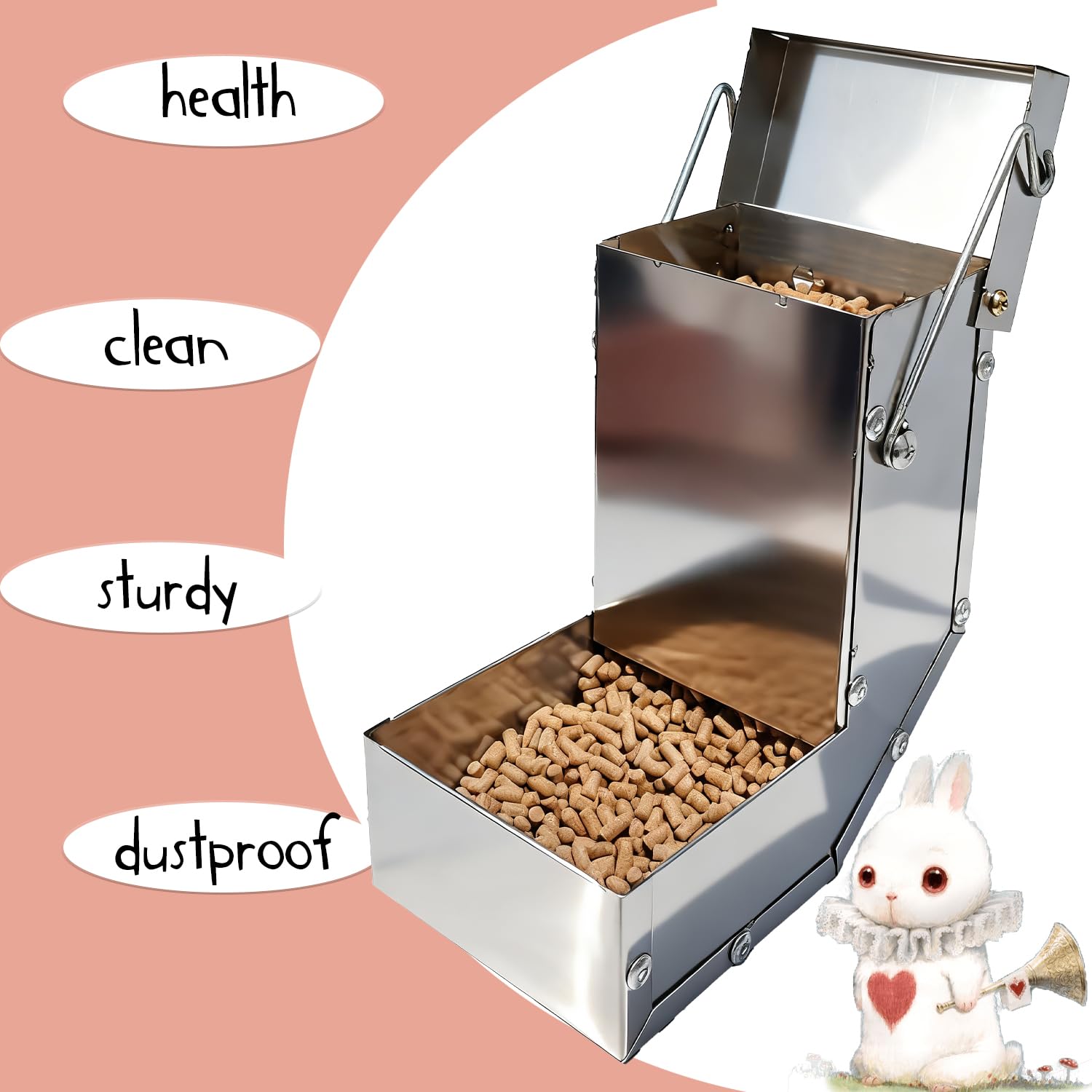 Outdoor Small Animal Stainless Steel Gravity Feeding Trough Pet Feeder Durable with Lid Cage Rabbit Feeder Holds Several Days Worth of Food (4 Inch