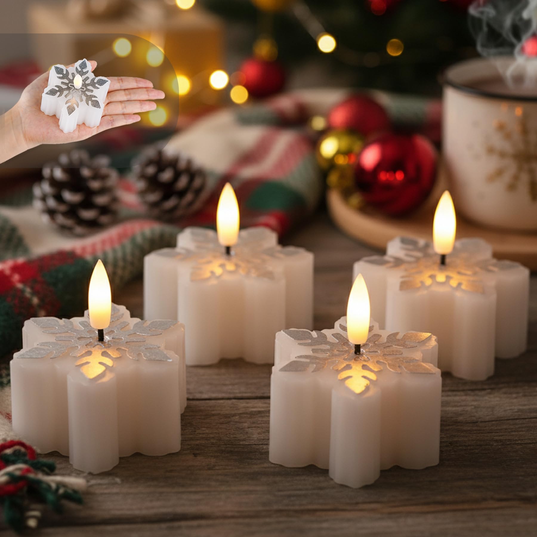 Fanna Silver,White 4 White Flameless Votive Candles With Timer For Christmas Table Centerpiece, Wax Battery Operated Candles For Winter Home Decor, Silver Finish Snowflake Shaped, Batteries Included - D 7Cm