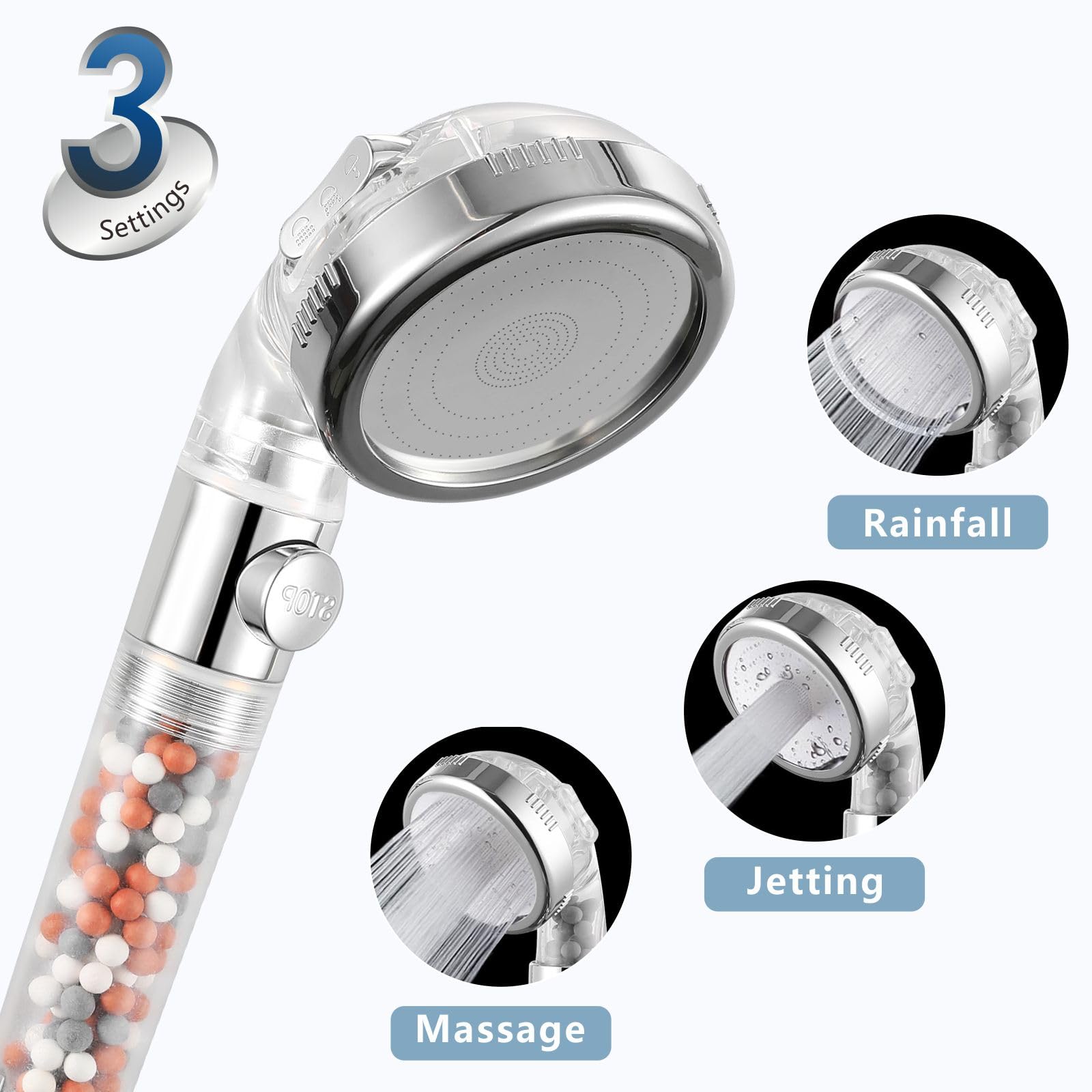 FEELSO Soffione doccia filtrato con doccetta, ad alta pressione, 3 modalità di spruzzo, con tubo da 152,4 cm, staffa e filtri addolcitore d'acqua a 15 stadi per rimuovere cloro e sostanze nocive