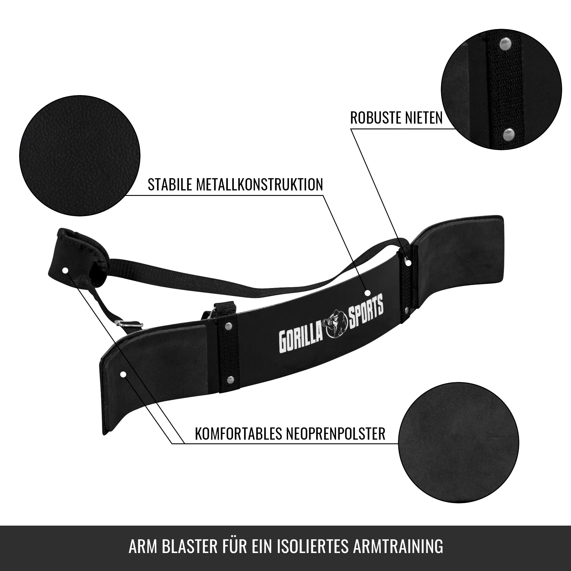 Gorilla Sports® Arm Blaster - Curl, Longeur 32-57cm, Néoprène, Acier, Noir - Isolateur de Biceps, Entraîneur de Bicep, Bomber, Triceps, Force Musculaire, Bras Muscle, pour Musculation, Fitness, Gym