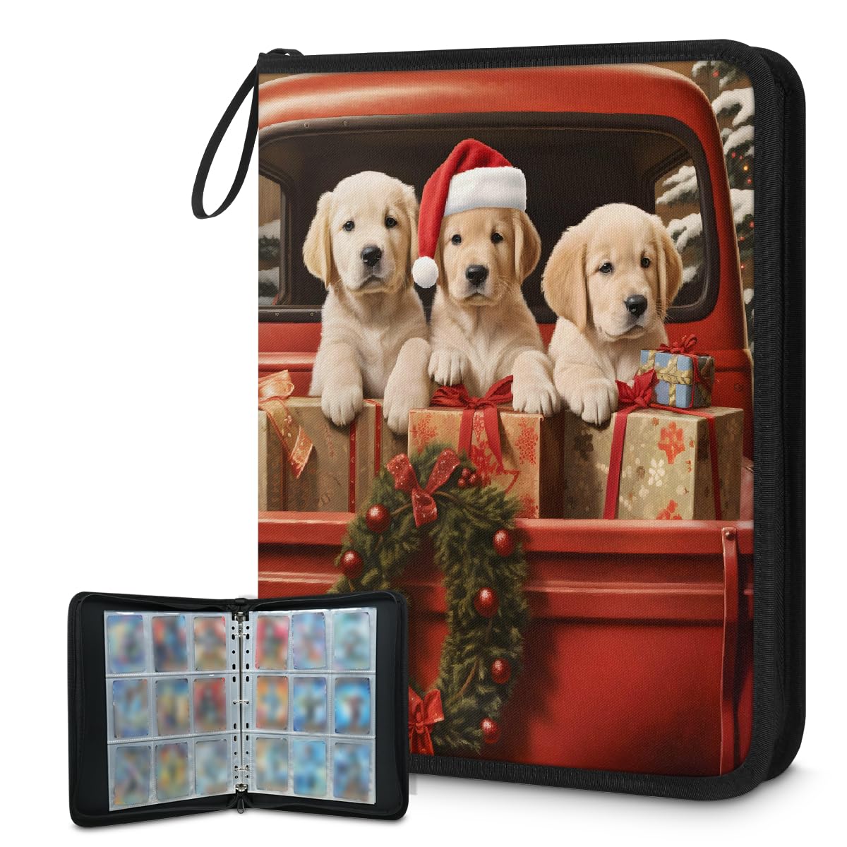 Raccoglitore per carte collezionabili con 9 tasche, motivo cucciolo in camion, per Natale, con maniche rimovibili, impermeabile, con cerniera, 50 pagine, capacità 900 carte
