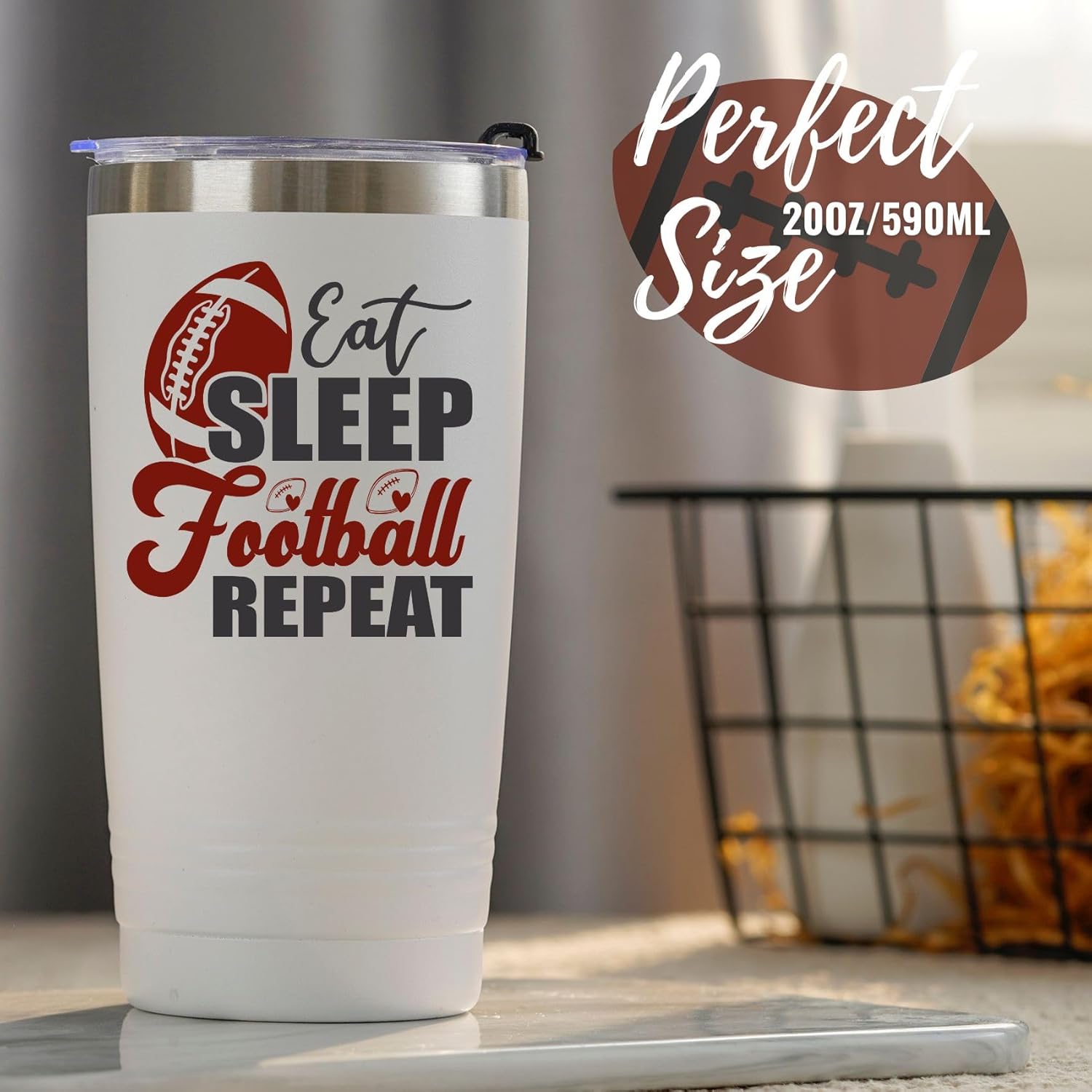 Onebttl Football Lovers Gifts, Funny American Football Gifts for Coach, Men, Dad on Birthday Christmas, 20oz Stainless Steel Tumbler, White, Eat Sleep Football Repeat - Image 2