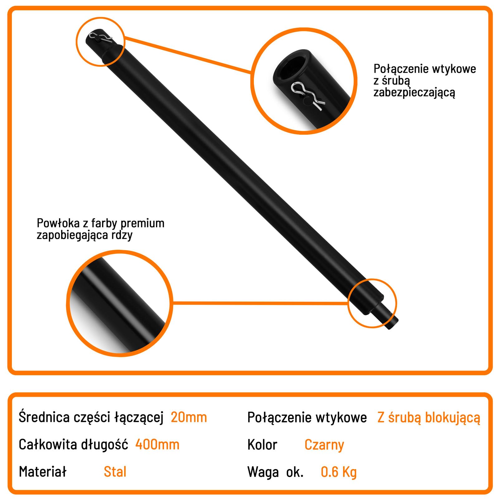 EBERTH Przedłużenie wiertła do wiertnic ziemnych, wierteł ogrodowych, stali, długość 400 mm, średnica mocowania 20 mm, lakierowane na czarno, nierdzewne, połączenie wtykowe z bolcem zabezpieczającym