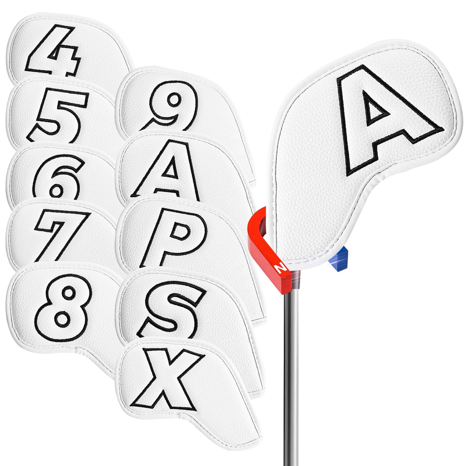 Golf Iron Head Covers Magnetic Closure Leather Double Side Numbers Value 10 Pack, Golf Clubs Headcovers Lightweight Synthetic Protection, Deluxe Fit Main Irons for Men Women (White)