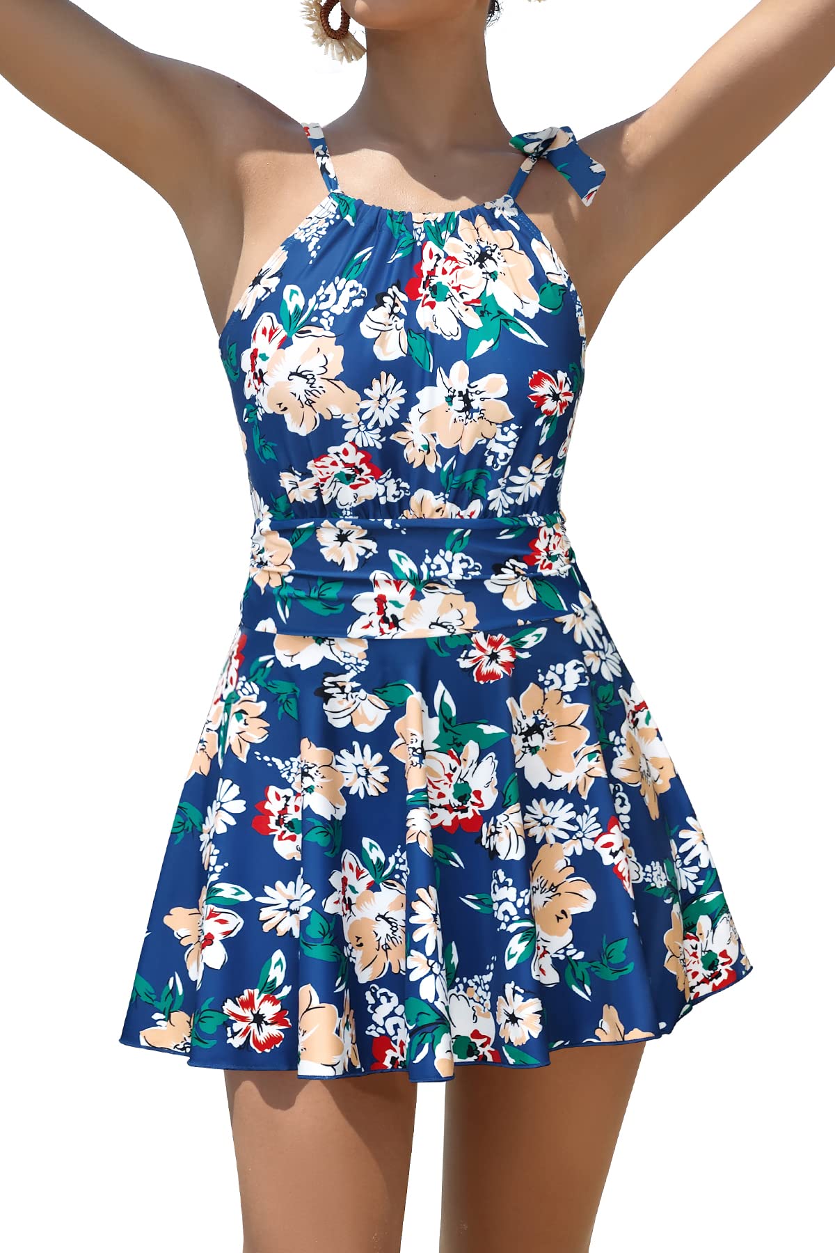 SHEKINI Maillot de bain une pièce pour femme - Col bas - Cordon de serrage réglable - Dos nu - Robe de bain pour femme - Ruched Imprimé ventre plat