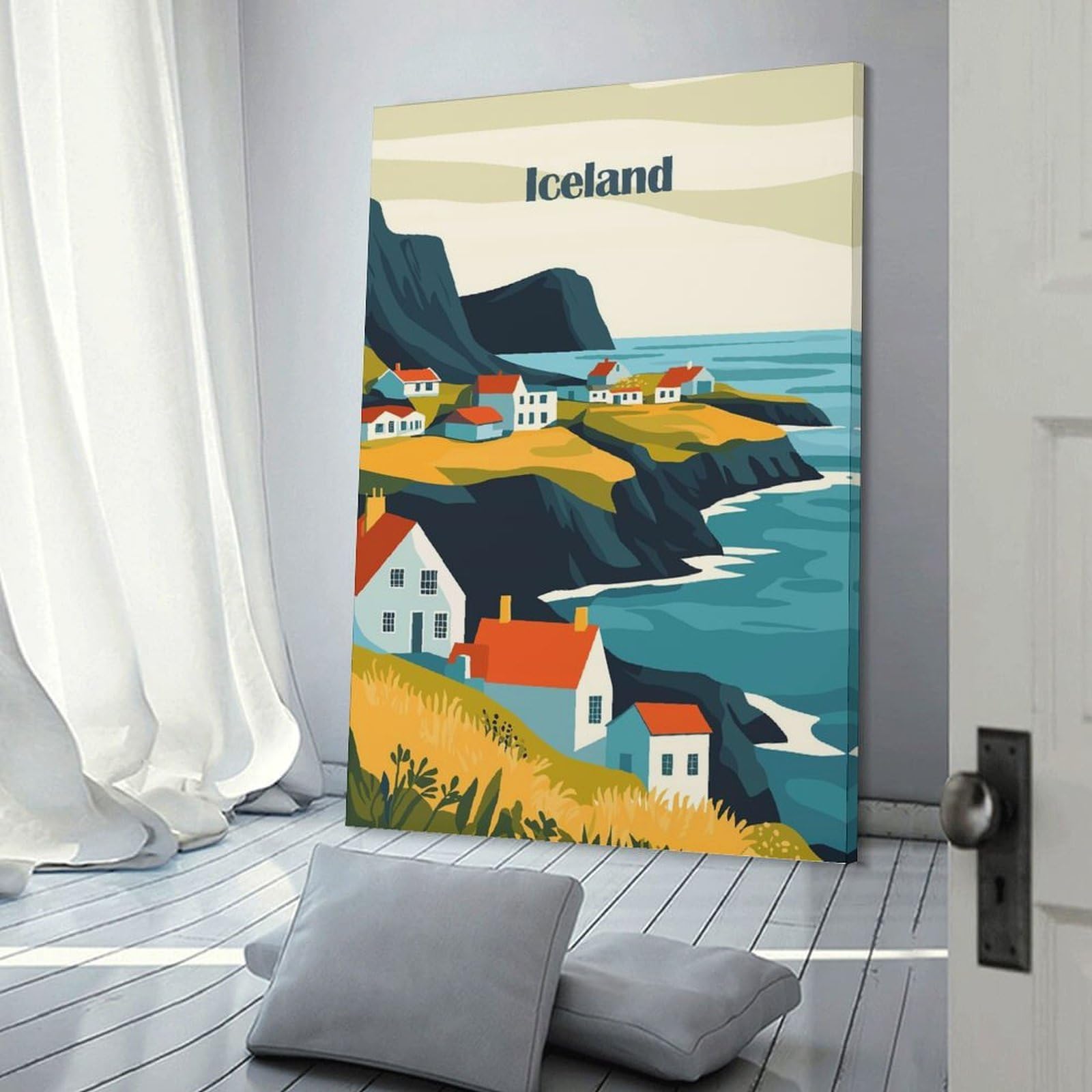 Junmoney Frame-Style-10 Room Decor Wall Art Iceland Coastal Village, 20X30inch(50X75cm), For Lounge Decor, Bedroom Walls Or Flats, Canvas Styling For A Polished Room Look