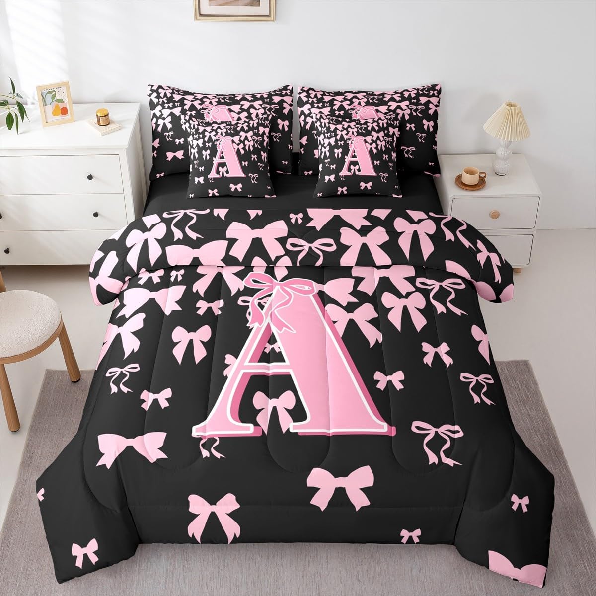 jejeloiu Girls Cute Bow Comforter Set with Sheets 7 Piece Queen Size Initial Letter A Bed in a Bag Kids Boys Girls Black Pink Coquette Bowknot Bedding Set Monogrammed Bedroom Decor Breathable Soft