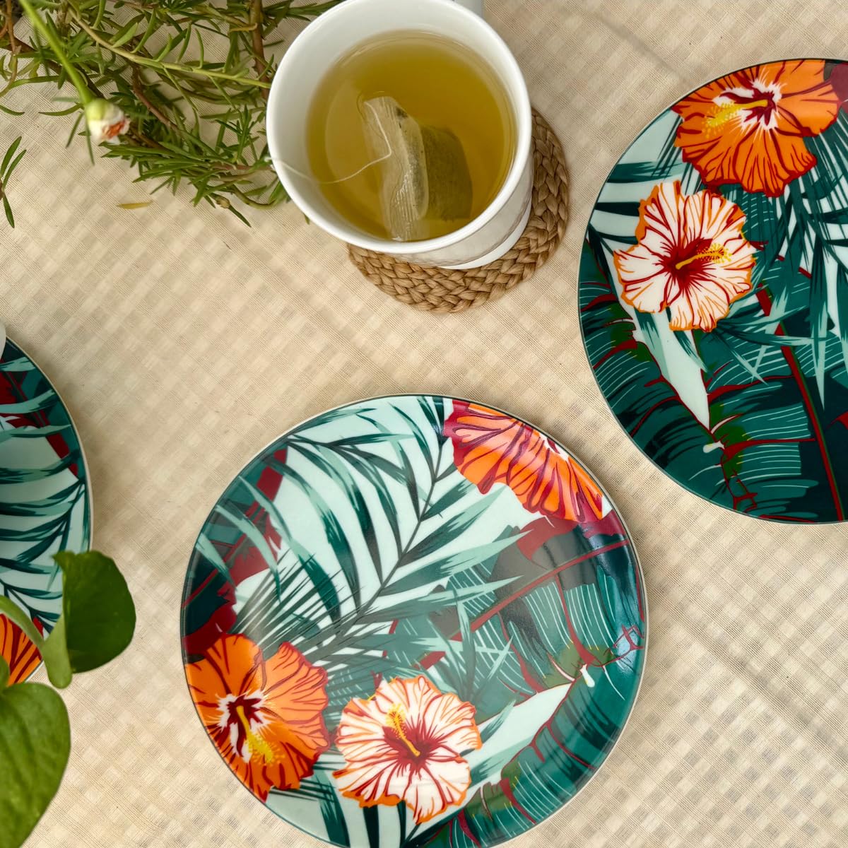 GOLDEN QUEEN'S Snack Plates Set of 4 | Perfect for Serving Snacks, Desserts, Appetizers, Salads, Tapas, Cheese | 7 inches Wide | Microwave Safe - Tropical Hues