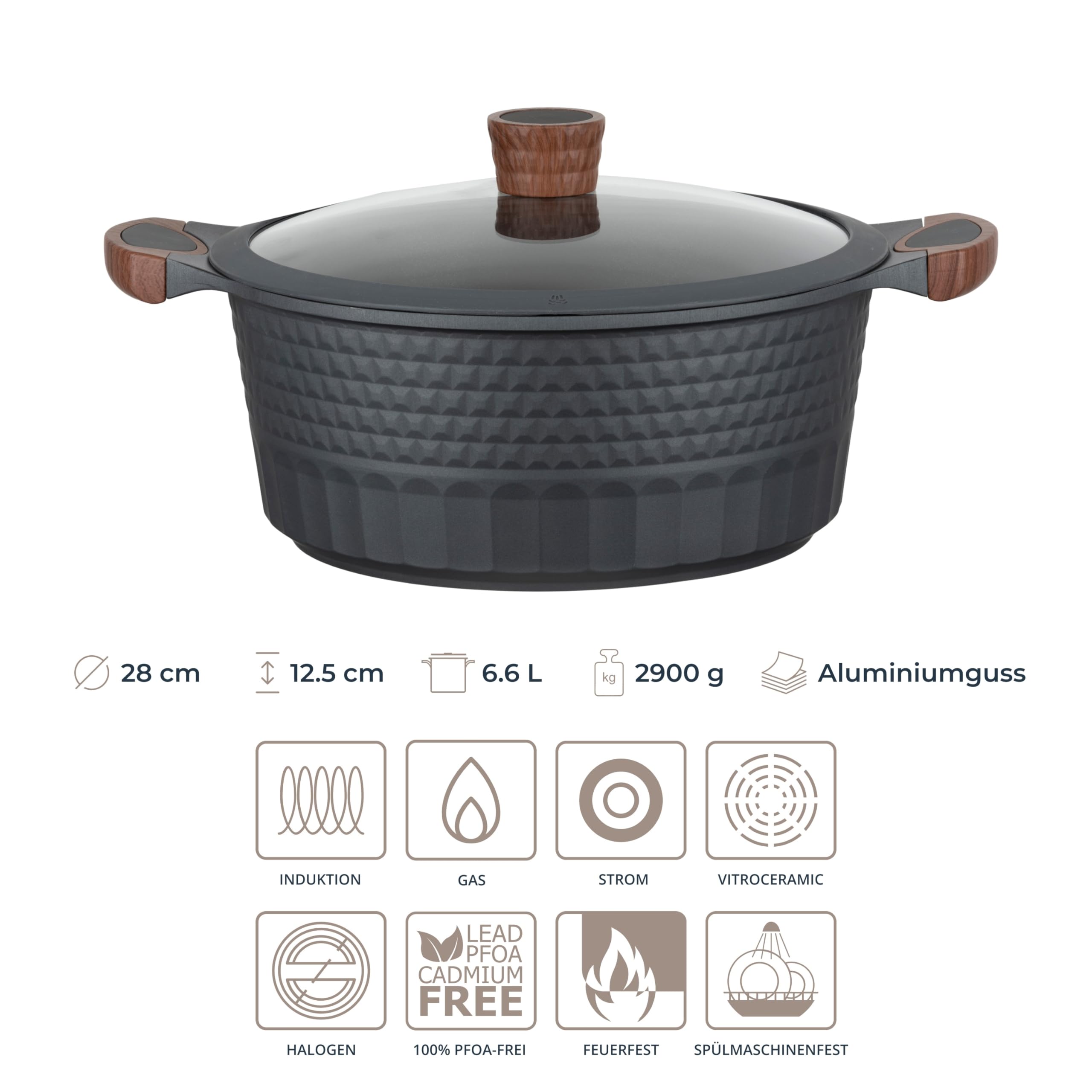 RESTO Kochtopf Schmortopf 6,6L mit Deckel 28cm, H=12,5cm | Antihaftbeschichtung | im Geschenkkarton | Für alle Herdarten, auch Induktion | PFOA frei