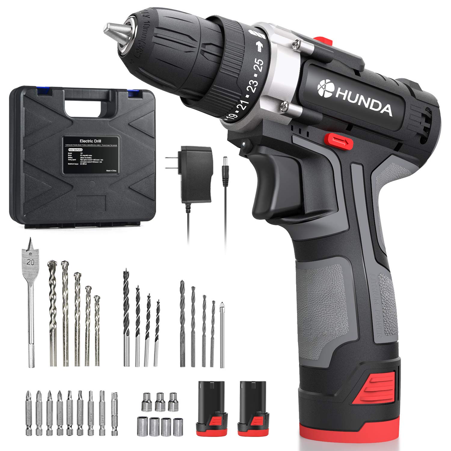 Cordless Drill Set, 12.8V Portable Drill Driver 2x3900mAh Batteries, 31 Pcs Accessories, 25+1 Clutch, 2/5" Keyless Chuck, 249 In-lb Torque, 2 Speeds, LED Light, Carrying Case Drilling Wall Brick Wood