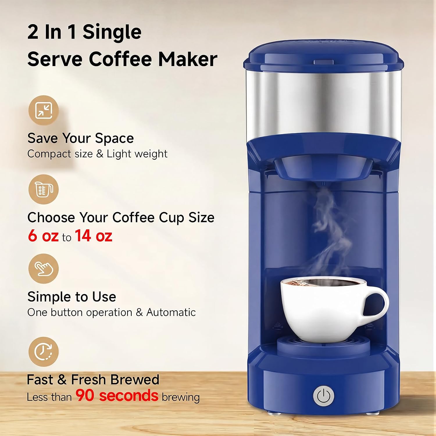 Coffee Maker, Single Serve Brewer for K Pod & Ground-Dark Blue | 2 in 1, 90s Rapid Brew, 6 to 14oz Capacities with Auto Shut Off, Small Compact Design for Home Office Travel Camping