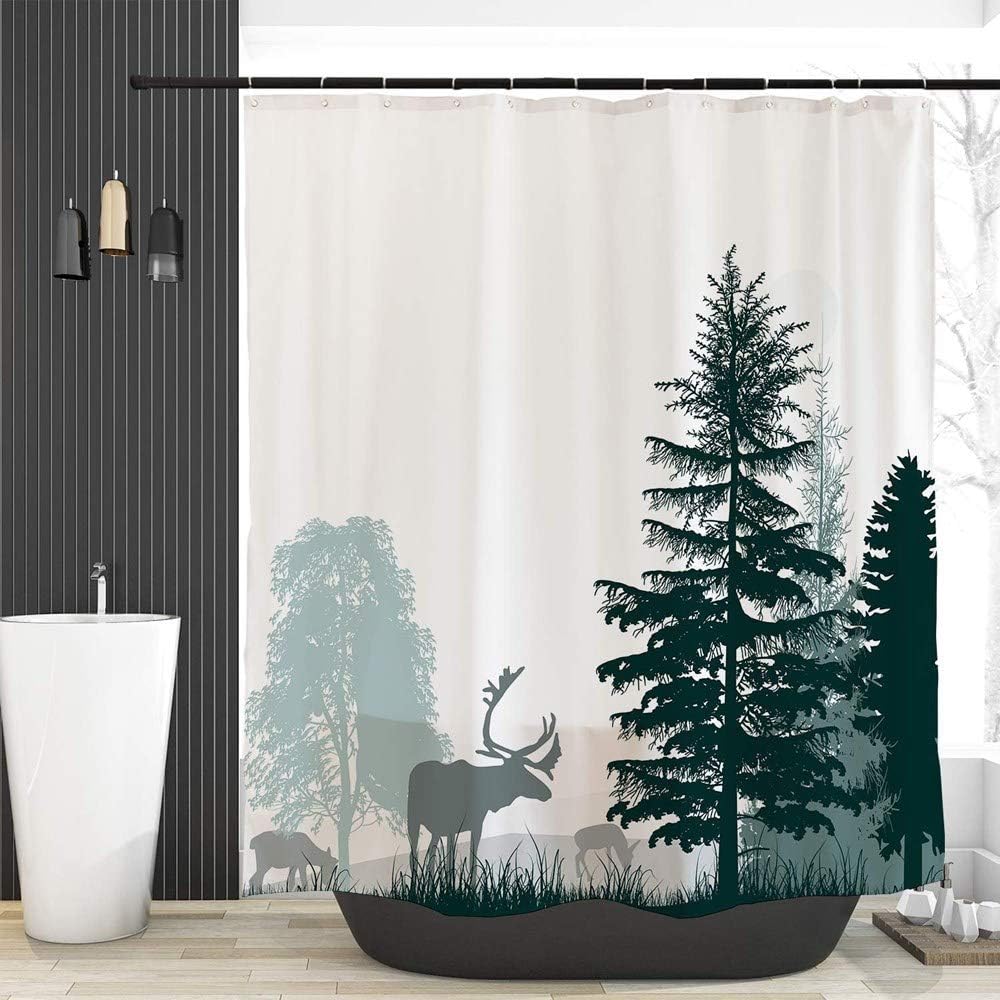 Ofat Home Dark Green Mountain Forest Moon Elk Deer Shower Curtain for Bathroom, 72x72 inch Waterproof Fabric Party Decor No Liner Needed,90GSM