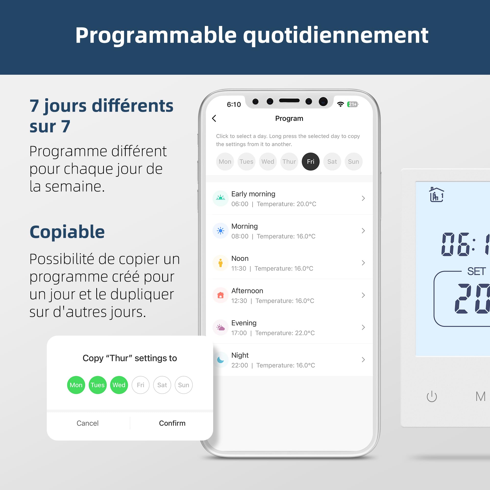 Beok Thermostat Connecté Grand Écran, WiFi pour Chaudière Gaz/Chauffage au Sol à Eau, Commande vocale Google Home & Alexa, Contrôle à Distance Via app Tuya Smart, Programmation journalière, 230V/3A