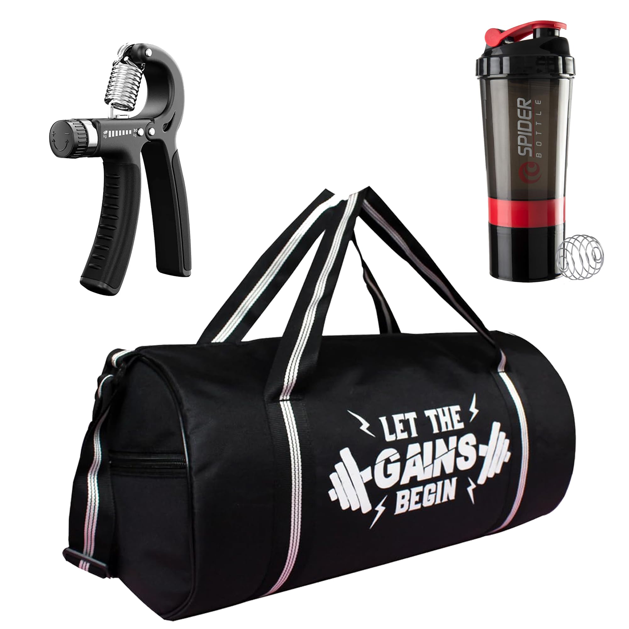 Gym Bag for Men Combo Set of Duffle Polyester Bag with Shaker Bottle-500ml,Gym Gloves |Gym Bags|Hand Grip Strengthener|Duffle Gym Bags for Men|Hand Gripper for Men & Women|Gym Bag Combo (RED)