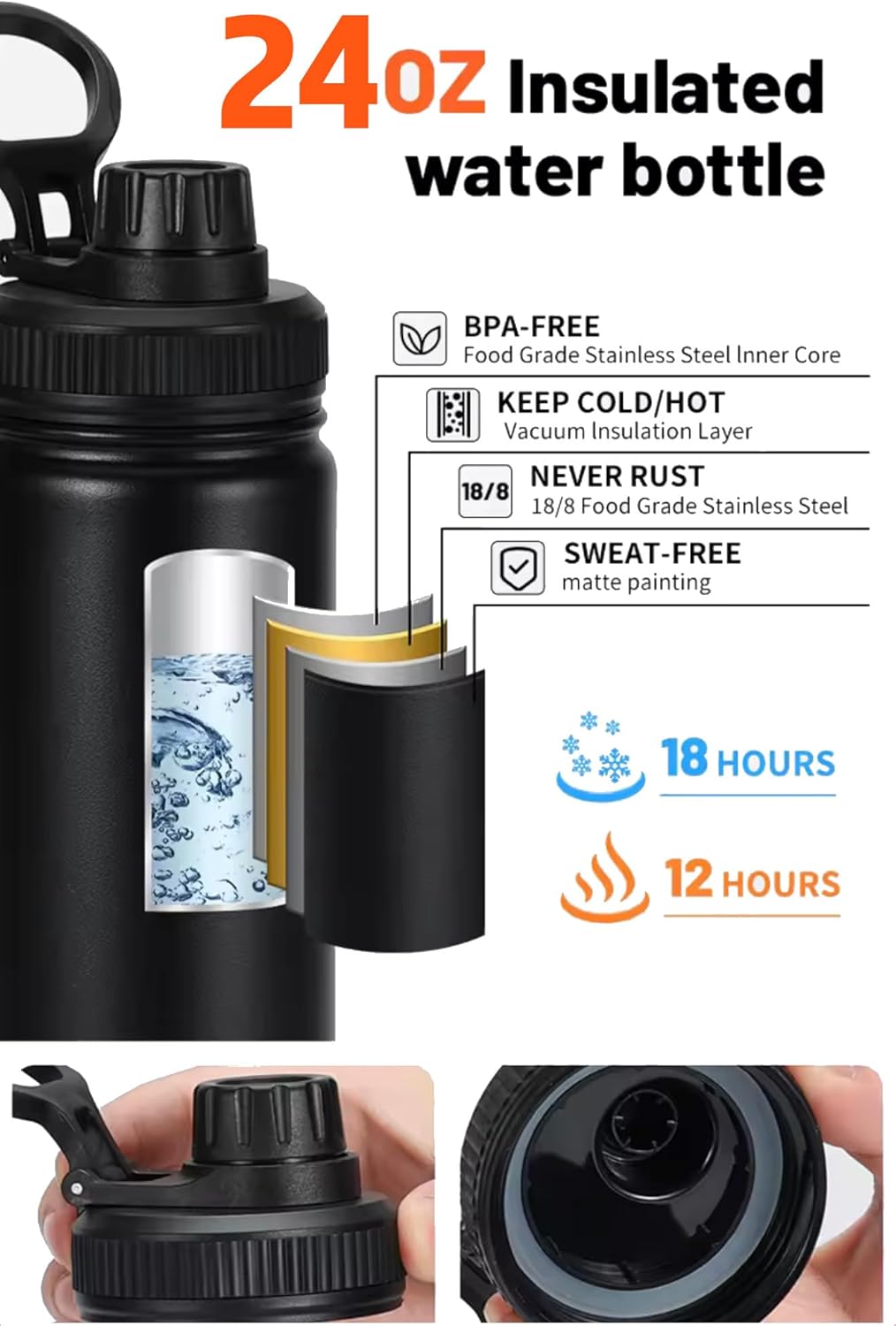 24oz Stainless Steel Water Bottle, Black Double-Wall Insulated, Cold 24 Hours, Dishwasher Safe with Easy-Carry Handle BPA Free - Image 5
