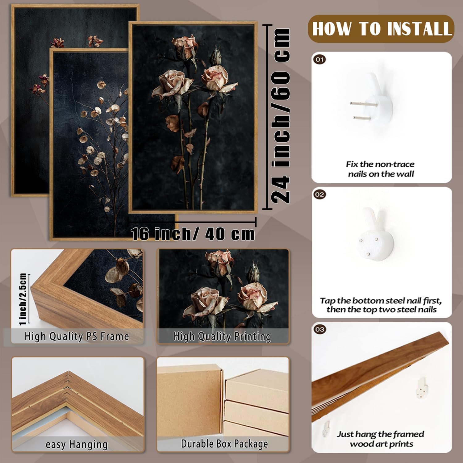 QTUSYUR Dark Dried Wildflower Wall Art - Large Farmed Floral Botanical Art Print - Farmhouse Flower Canvas Artwork for Bedroom Living Room- Modern Minimalist Wall Pictures for Home Decor 16”×24”×3