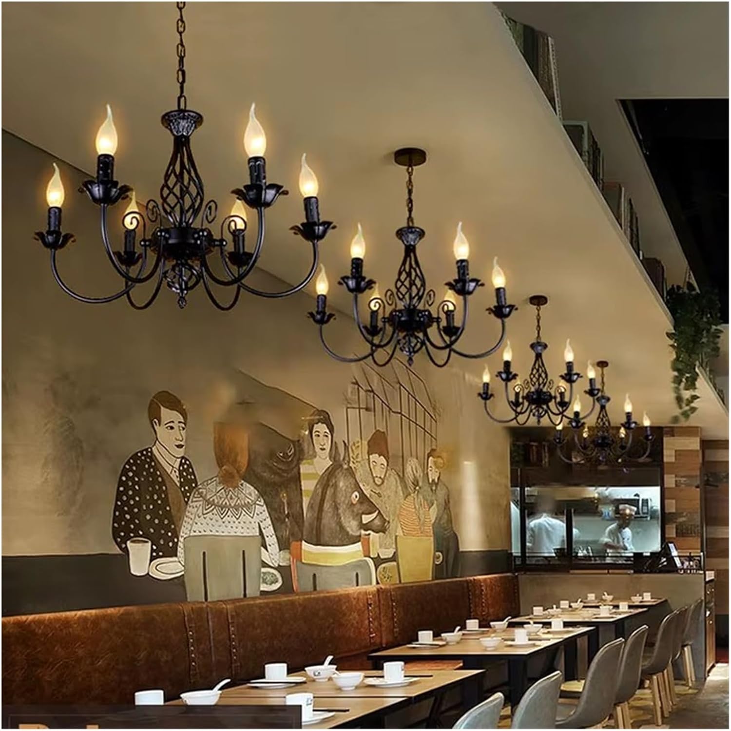Black Farmhouse Pendant Light Fixture Vintage E14 Candle Pendant Lamp Chandelier for Dining Room Kitchen Island Entryway Foyer Indoor Wrought Iron Chandeliers Lighting,luminaire