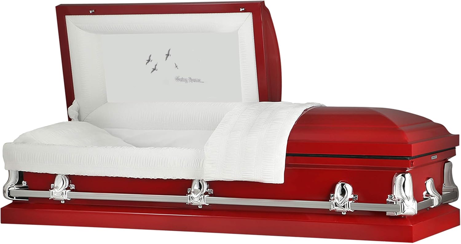Titan Casket Orion Panel Collection Handcrafted Funeral Casket - Royal Purple with White Interior & 'Praying Hands' Head Panel-Premium Metal Adult Casket, Coffin with Adjustable Bed