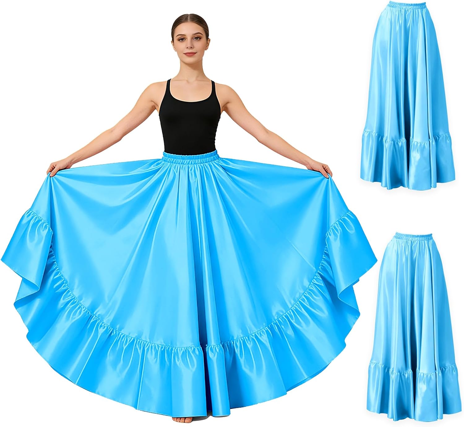 2PC Satin Ruffle Ankle Long Skirt for Women Full Circle Belly Dance Skirt Women Maxi Skirt for Praise and Folklorico Dance