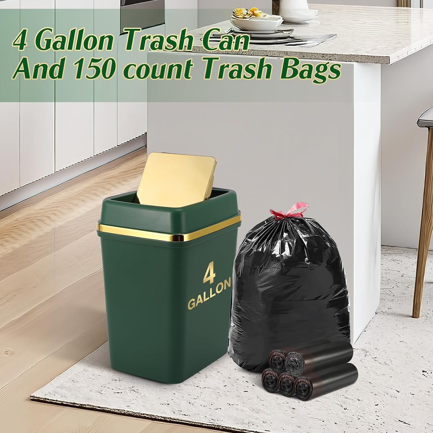 Bathroom Trash Can with Lid 4 Gallon Trash Can with Swing Lid Dark Green Small Garbage Can Bathroom Garbage Can with 150 Counts Trash Bags for Kitchen Bedroom Office